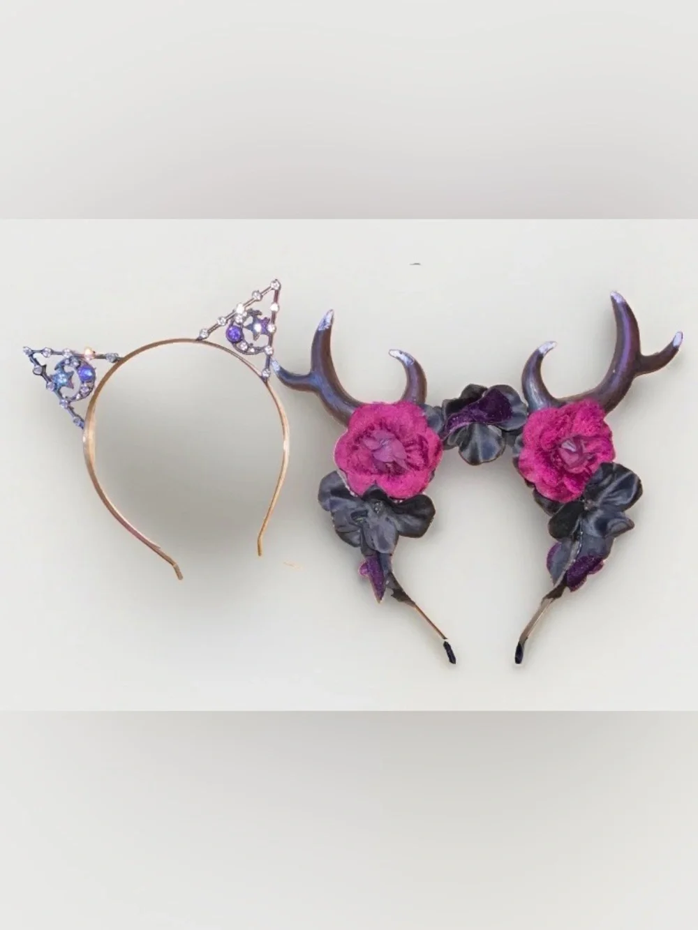 2x Whimsigoth Halloween Costume Headbands ~Crystal Cat Ears, Floral Deer Antlers